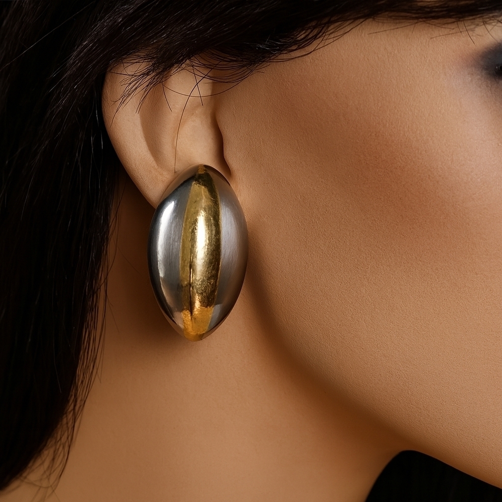 Vintage Dual-tone Gold & Silver Oval-shaped Earrings | Bold Statement Jewelry